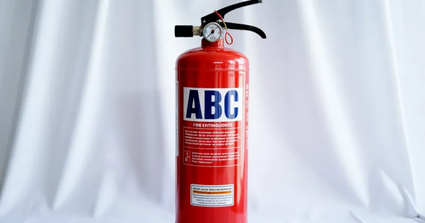 کپسول آتش نشانی پودر و گاز ABC قرمز با نوار آبی در پس‌زمینه سفید