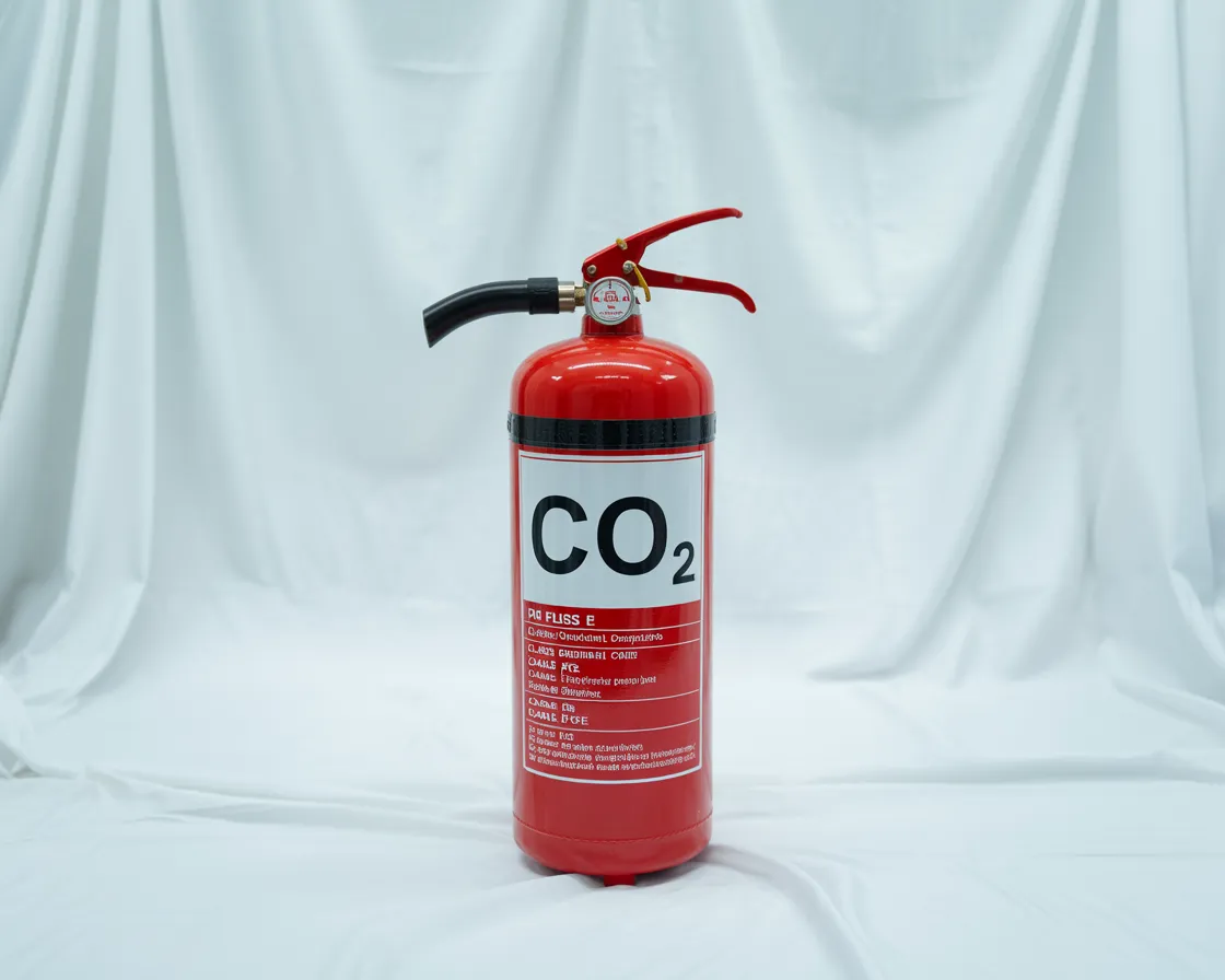 کپسول آتش نشانی CO2 قرمز با نوار سیاه در محیط آزمایشگاهی